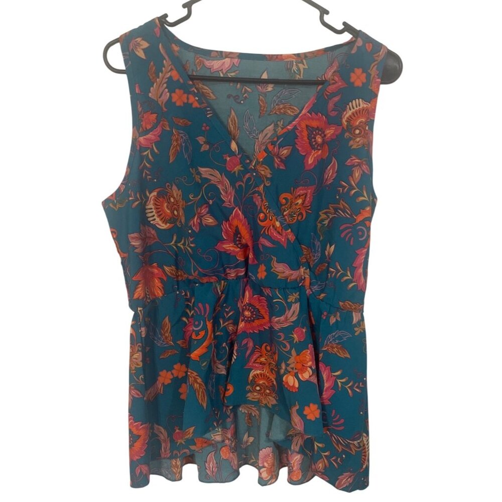 Womens Teal & Pink Floral Sleeveless V-Neck‎ Peplum Top S Beach Resort